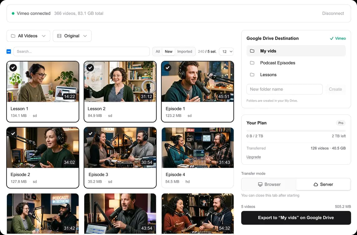 this2that dashboard — browse your Vimeo videos and transfer them to Google Drive